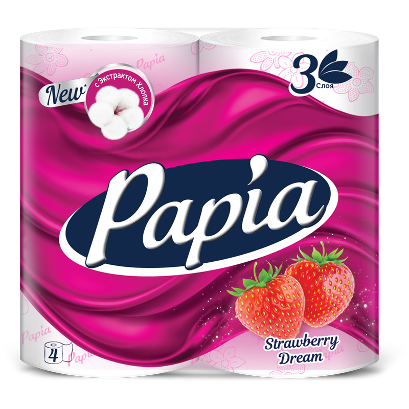 Бумага туалетная 3-слойная Papia Strawberry Dream бело-розовая 16.8м 4шт 14 уп.