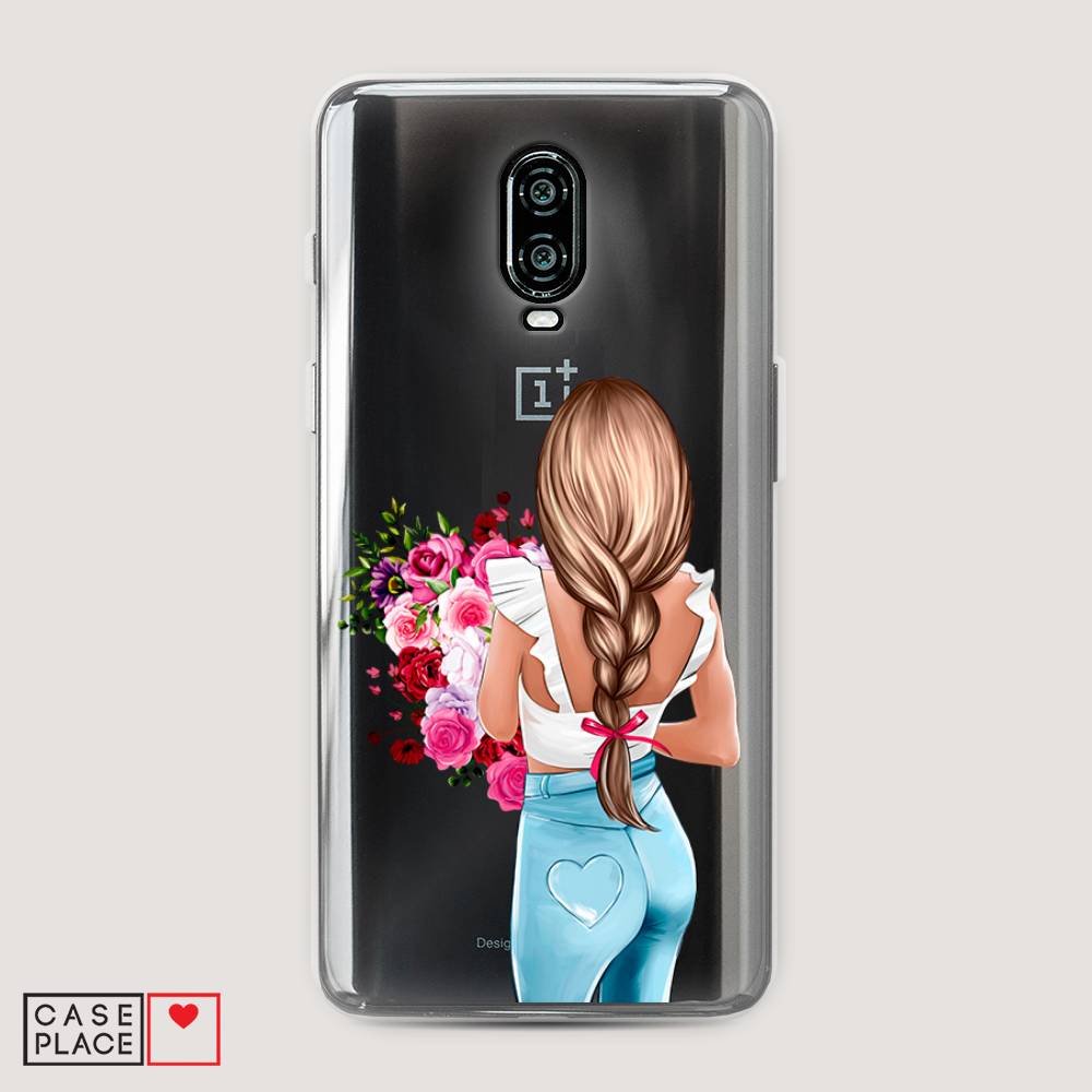 

Чехол на Oneplus 6T "Девушка с цветами", Коричневый;розовый;голубой, 150650-6
