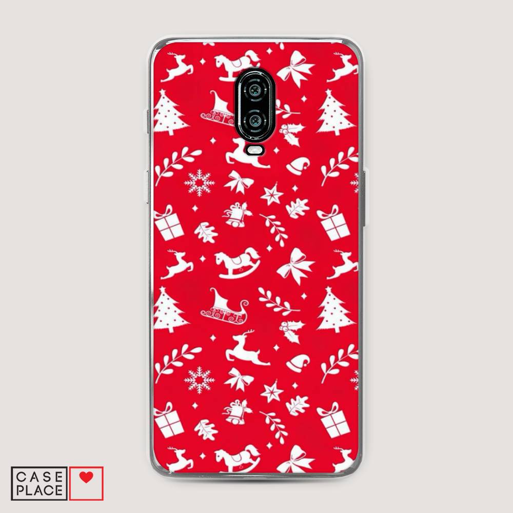 

Чехол на Oneplus 6T "Красный новогодний фон", Красный;белый, 150650-5