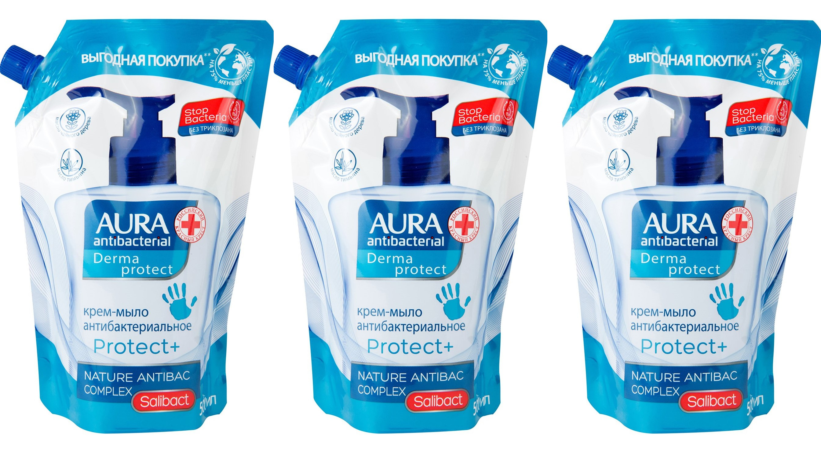 Крем-мыло Aura antibacterial derma protect дой-пак 500мл 3 уп туалетное мыло антибактериальное covex antibacterial soap cool protection 115 г