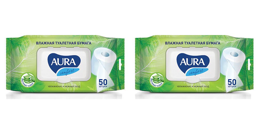 Влажная туалетная бумага Aura ultra comfort с крышкой в уп 50шт 2 уп