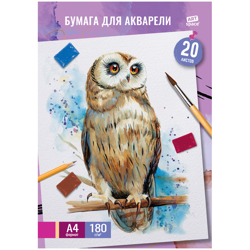 

Папка для акварели А4 20л ArtSpace Сова 180 г/кв.м 25шт.
