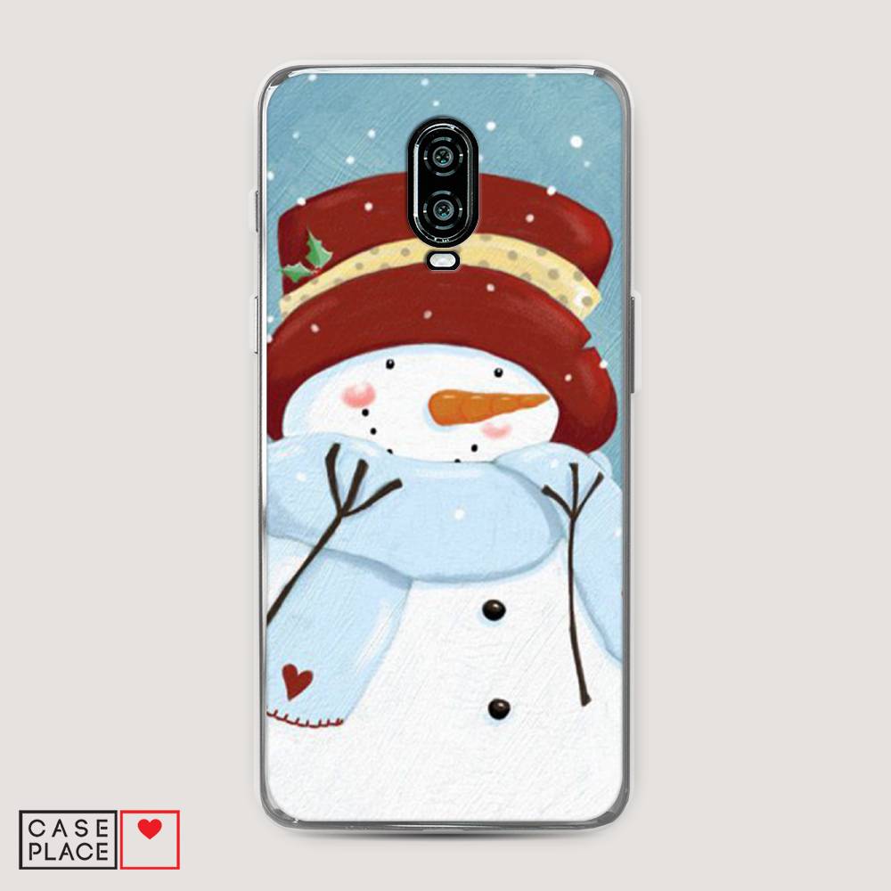 

Чехол на Oneplus 6T "Застенчивый снеговик", Голубой;белый;красный, 150650-5