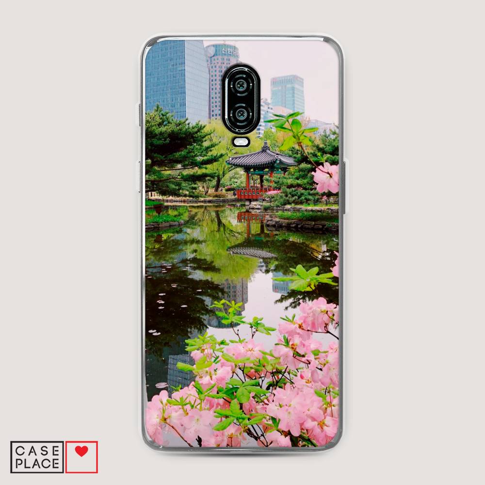 

Чехол на Oneplus 6T "Сакура возле озера", Зеленый;розовый;голубой, 150650-2