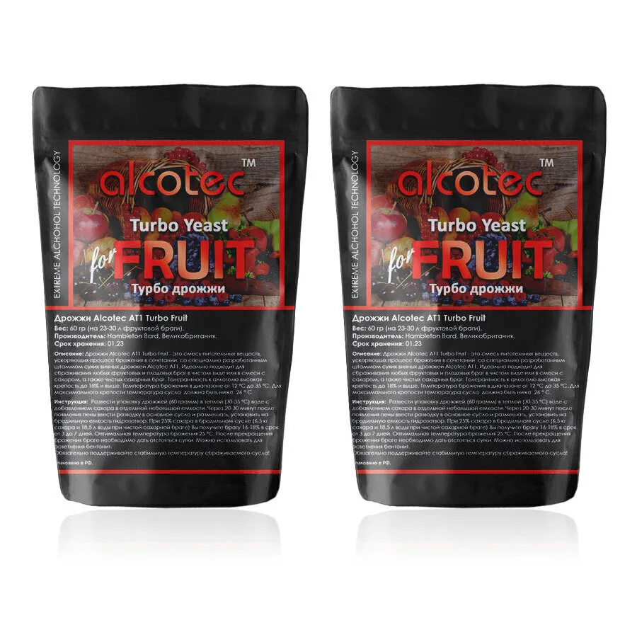 Дрожжи спиртовые сухие Alcotec AT1 Turbo FRUIT, 2 шт х 60 гр