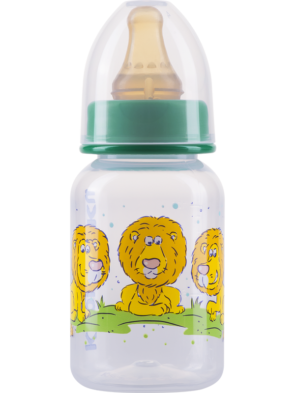 фото Бутылочка курносики с латексной соской молочной, 125 мл, зеленый, львы