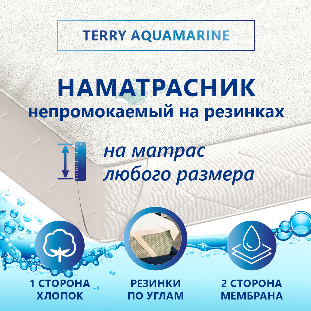 

Наматрасник CORRETTO непромокаемый 155х195 резинка по углам, Terry Aquamarine