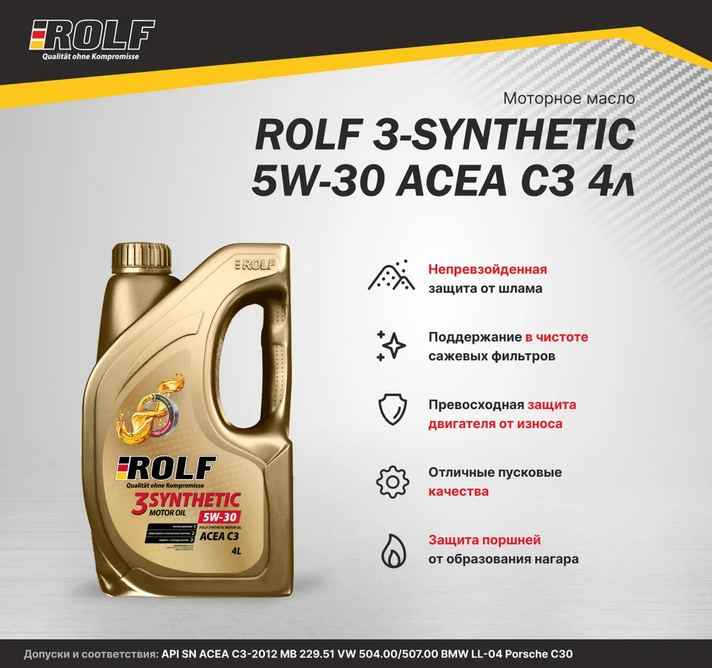 Моторное масло Rolf 3-Synthetic 5w30 Acea C3 4л