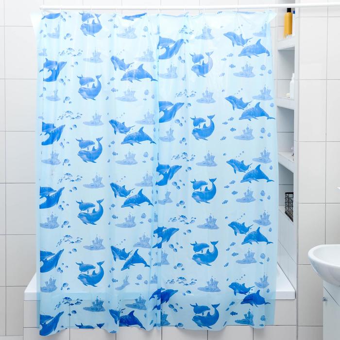 фото Штора для ванной комнаты дельфины 180x180 см голубой колорит