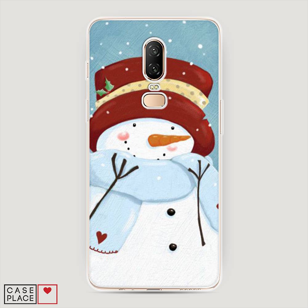 

Чехол на OnePlus 6 "Застенчивый снеговик", Голубой;белый;красный, 150550-5