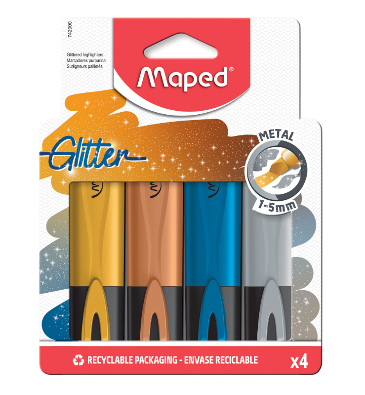 Маркер-текстовыделитель Maped FluoPeps Glitter 1-5мм с блестками 4 цвета металлик 12 уп