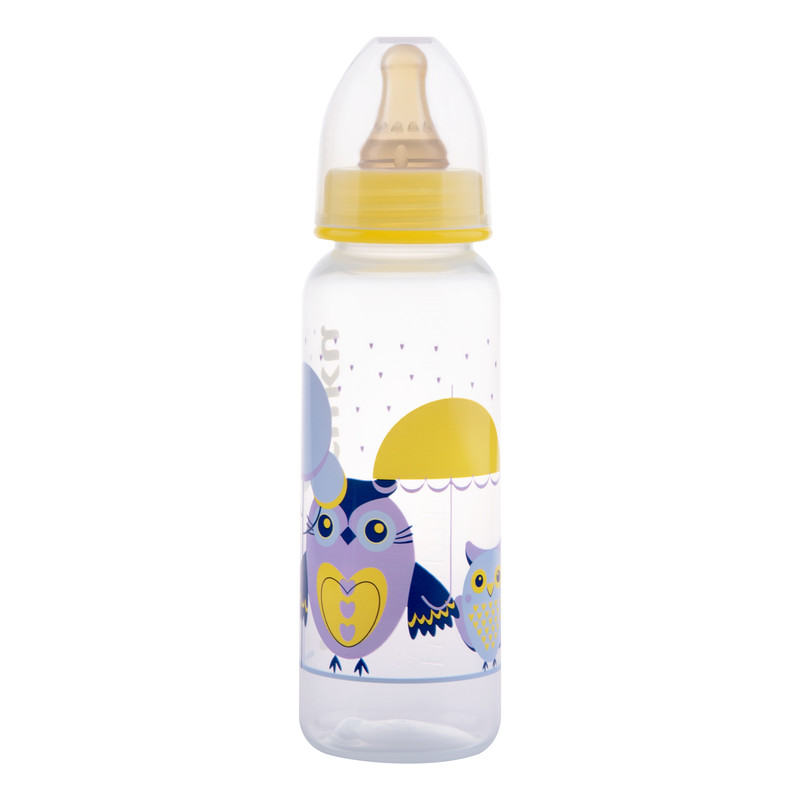 фото Бутылочка курносики с латексной соской молочной, 250 мл, желтый, совы