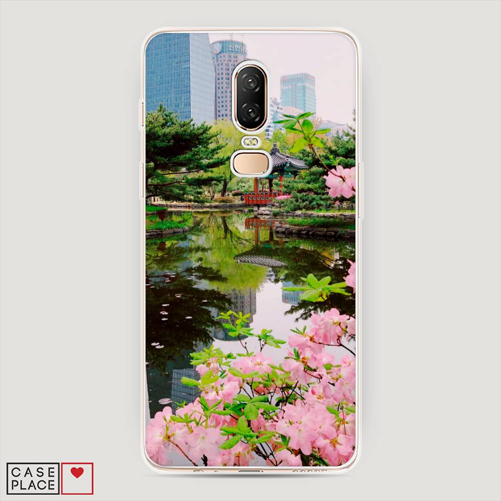 

Чехол на OnePlus 6 "Сакура возле озера", Зеленый;розовый;голубой, 150550-2