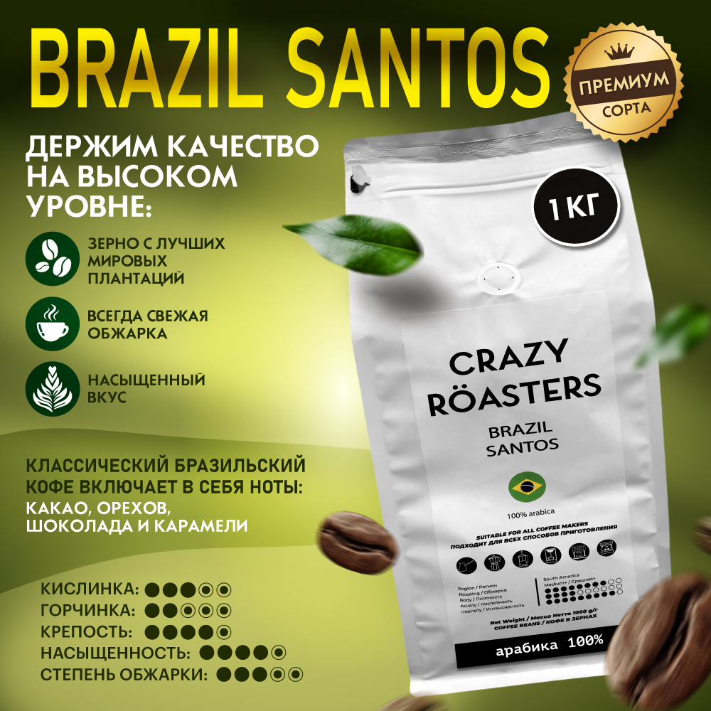 Кофе в зернах Crazy Roasters Brazil Santos, 1 кг