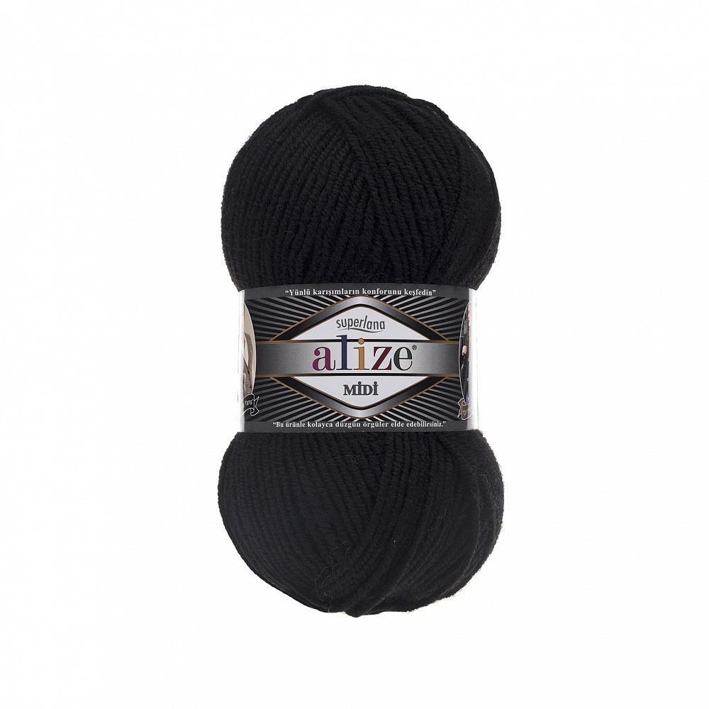 

Пряжа Alize Superlana midi, 25% шерсть, 75% акрил, 500 г, 170 м, цвет 060, черный