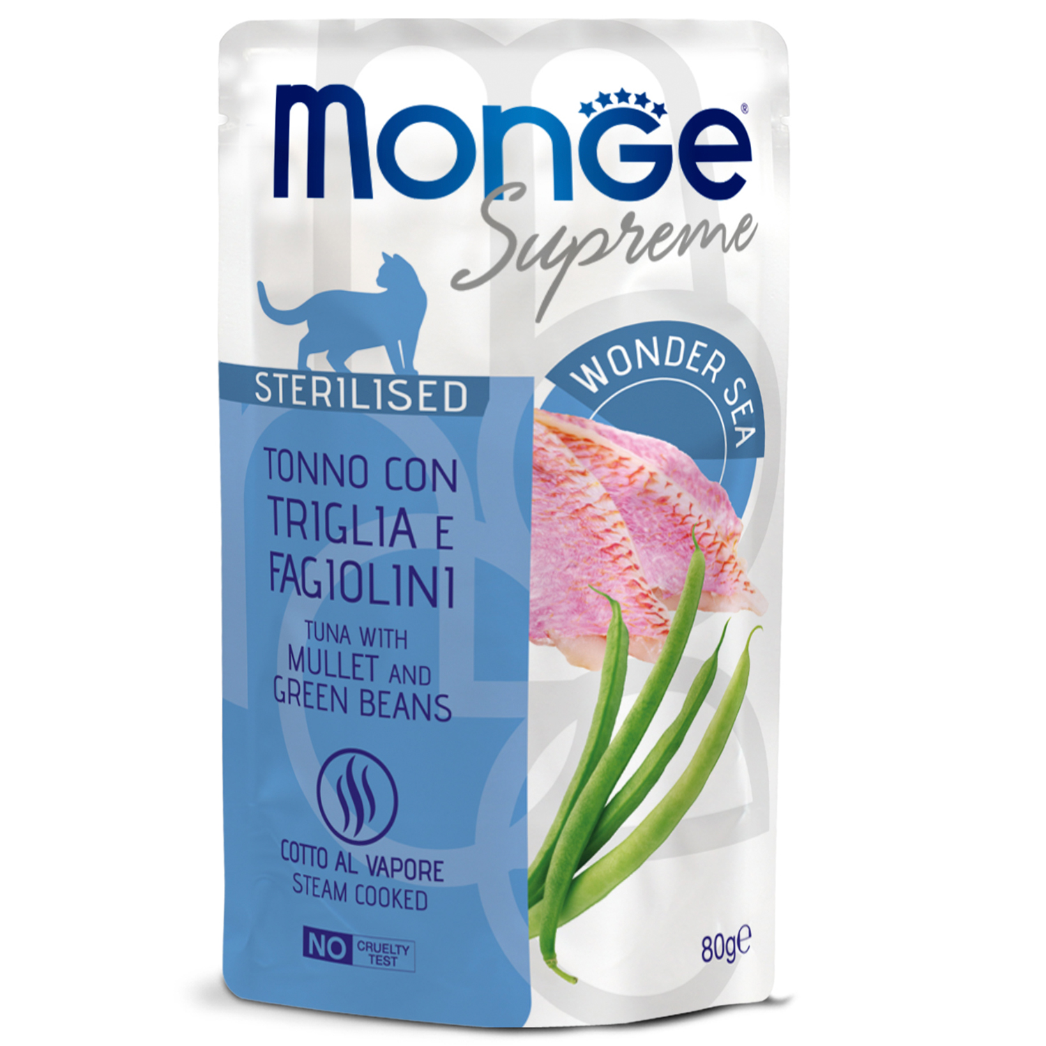 Влажный корм для кошек Monge Supreme Sterilized, с кефалью и зелёной фасолью, 80г