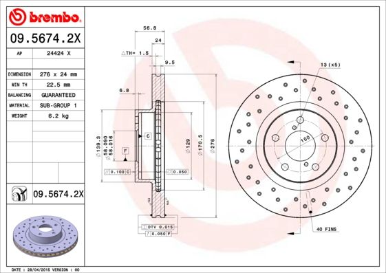 

Диск тормозной передний 276mm вентилируемый Brembo Xtra перфорированный
