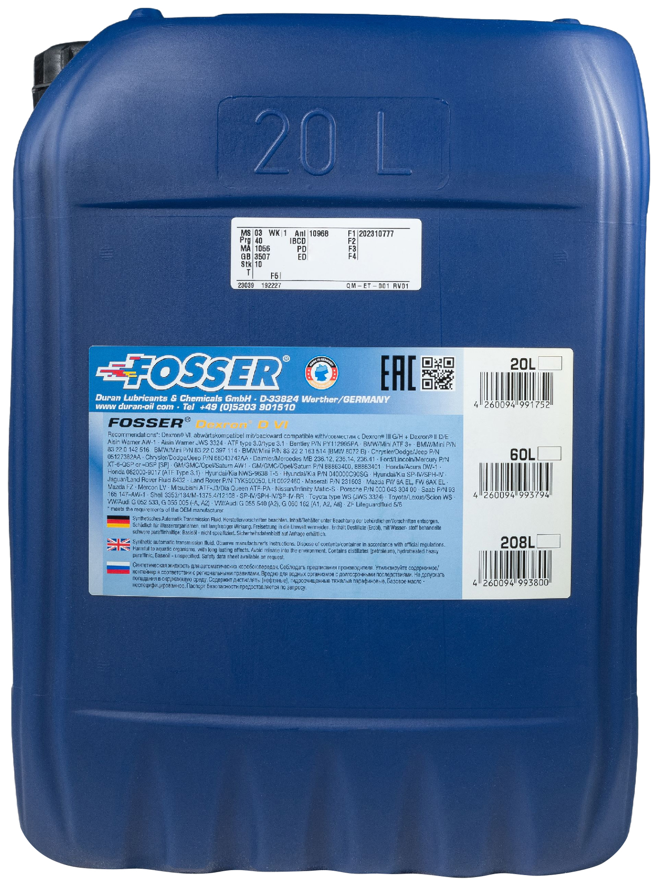 Трансмиссионное Масло Fosser Dexron® D Vi, 20Л