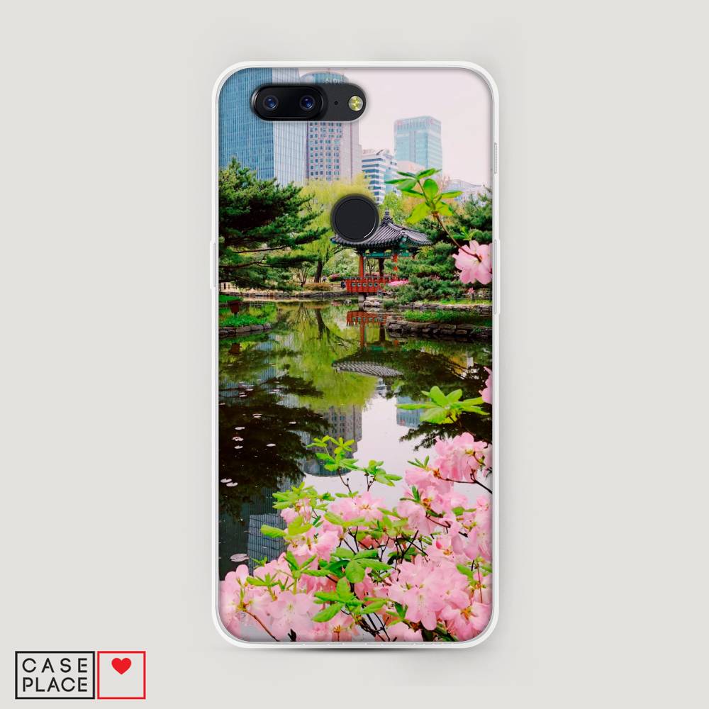 

Чехол на OnePlus 5T "Сакура возле озера", Зеленый;розовый;голубой, 150350-2