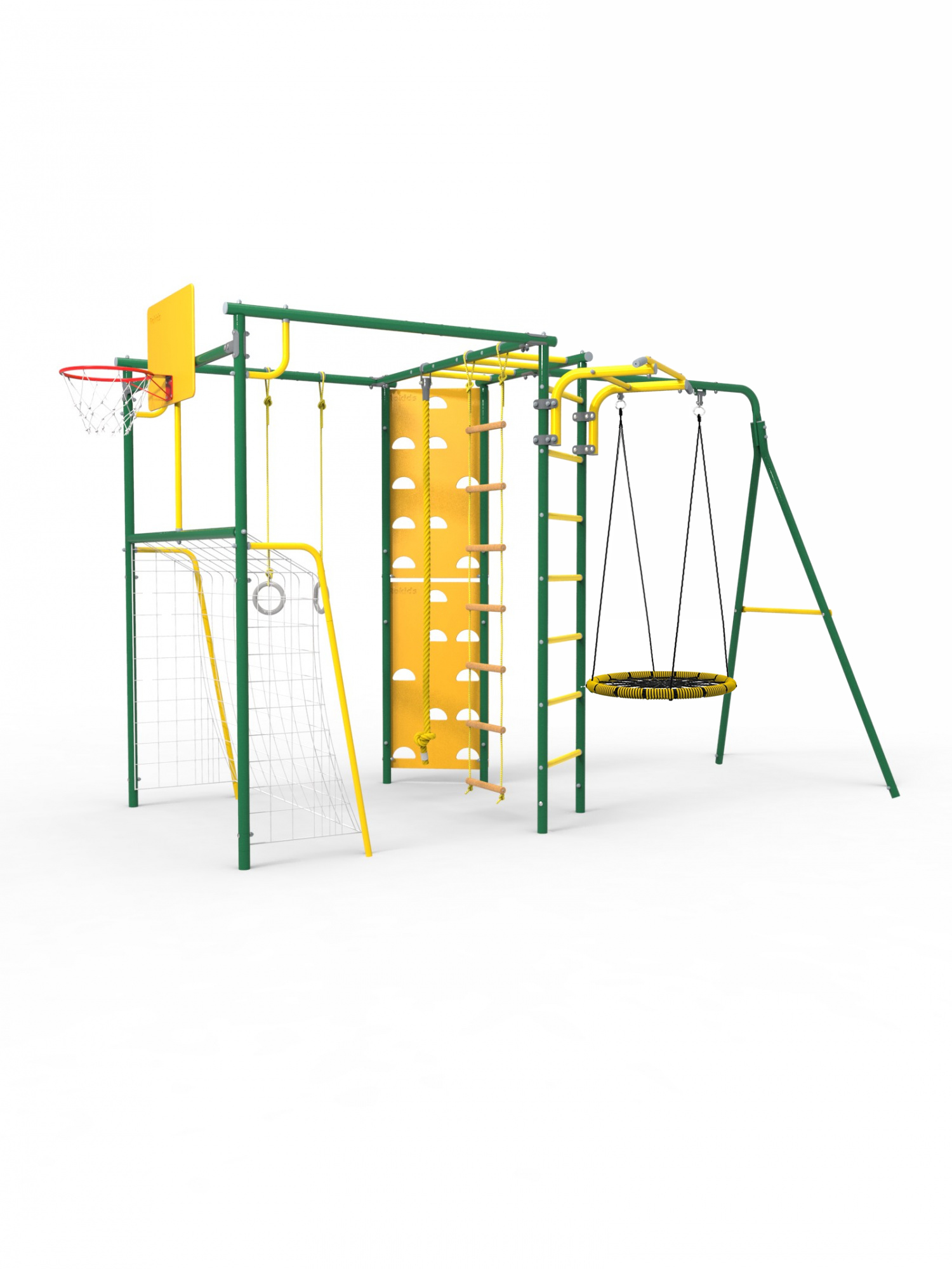 

Уличный комплекс Rokids Атлет-К УДСК-7 2 зеленый-желтый с качелями гнездо, Атлет-К УДСК-7.2 зеленый-желтый с качелями гнездо