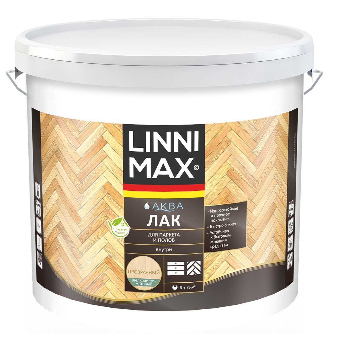 

Лак для паркета и полов Linnimax Аква, акриловый, шелковисто-матовый, 9 л