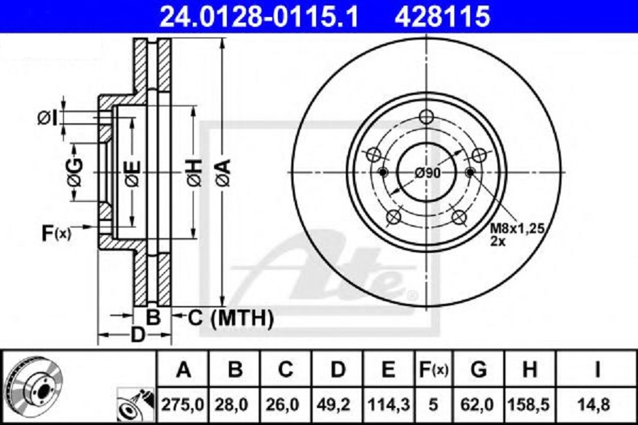 

Диск тормозной передний Toyota Camry/Estima II/Ipsum 91>10 ATE 24012801151