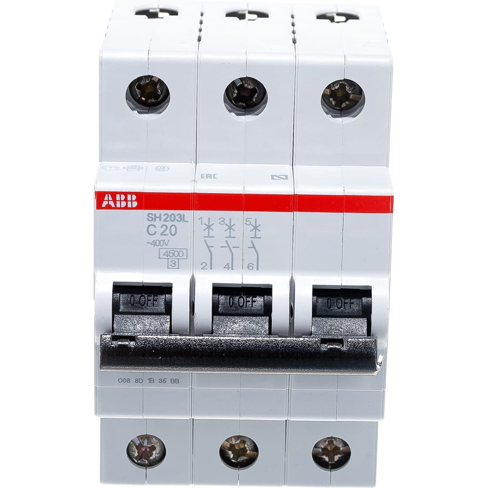 

Автоматический трехполюсный выключатель ABB 20А С SH203L 4.5кА 2CDS243001R0204