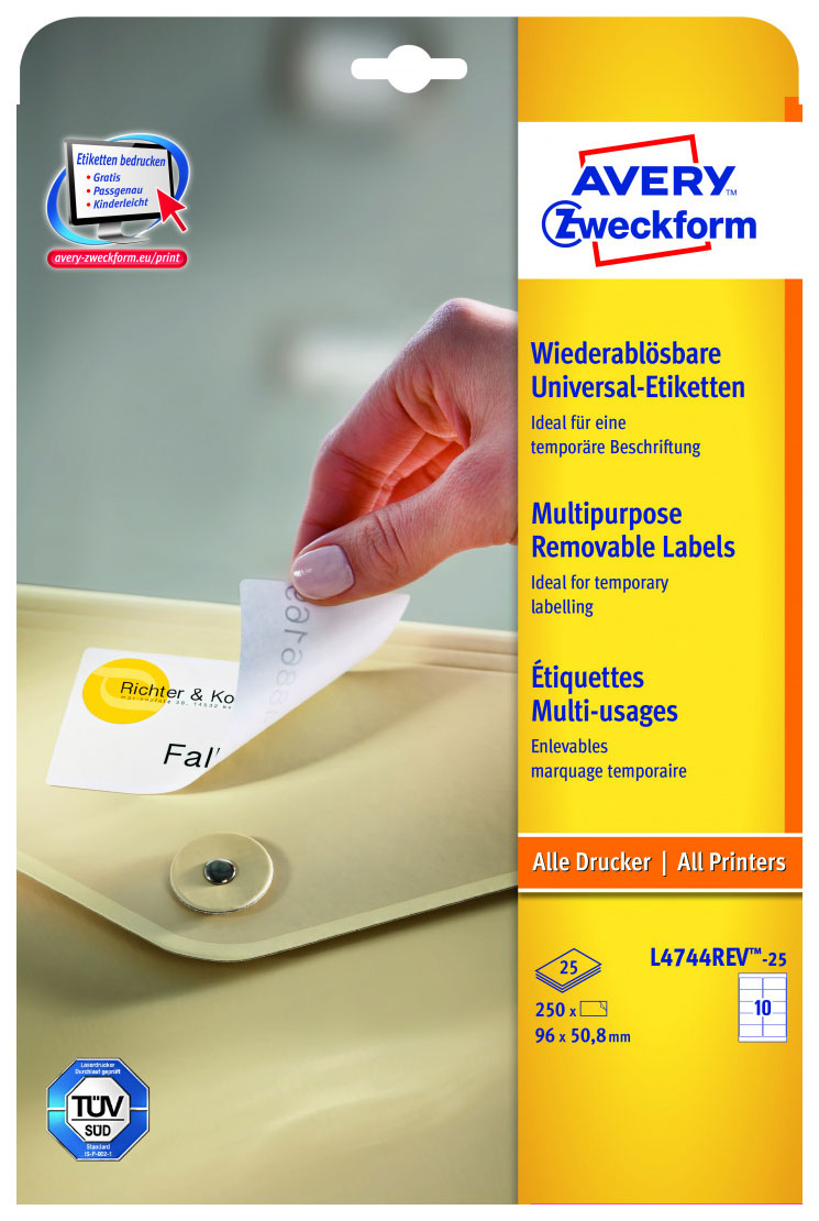 

Этикетки удаляемые Avery Zweckform, бумажные, I-J+L+K+CL 96 x 50.8 мм, 300 штук 30 листов, Белый