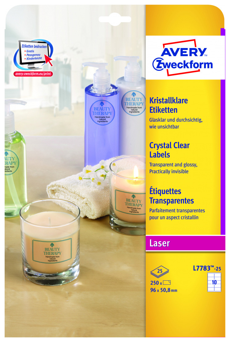 

Этикетки Avery Zweckform Crystal Clear, водостойкие, L+CL 96 х 50.8 мм, 250 штук, Прозрачный