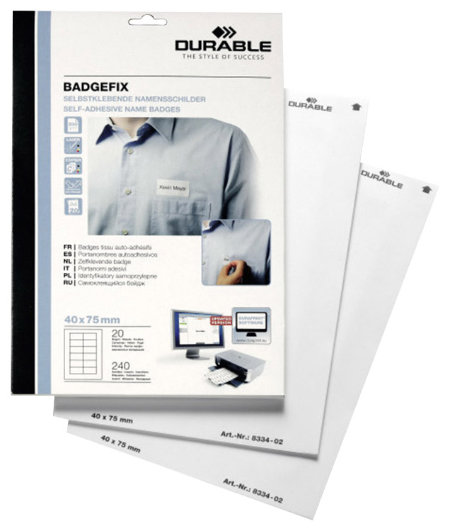 

Бейдж Durable, самоклеящийся, нагрудный, 40 x 75 мм, 12 штук на листе Белый