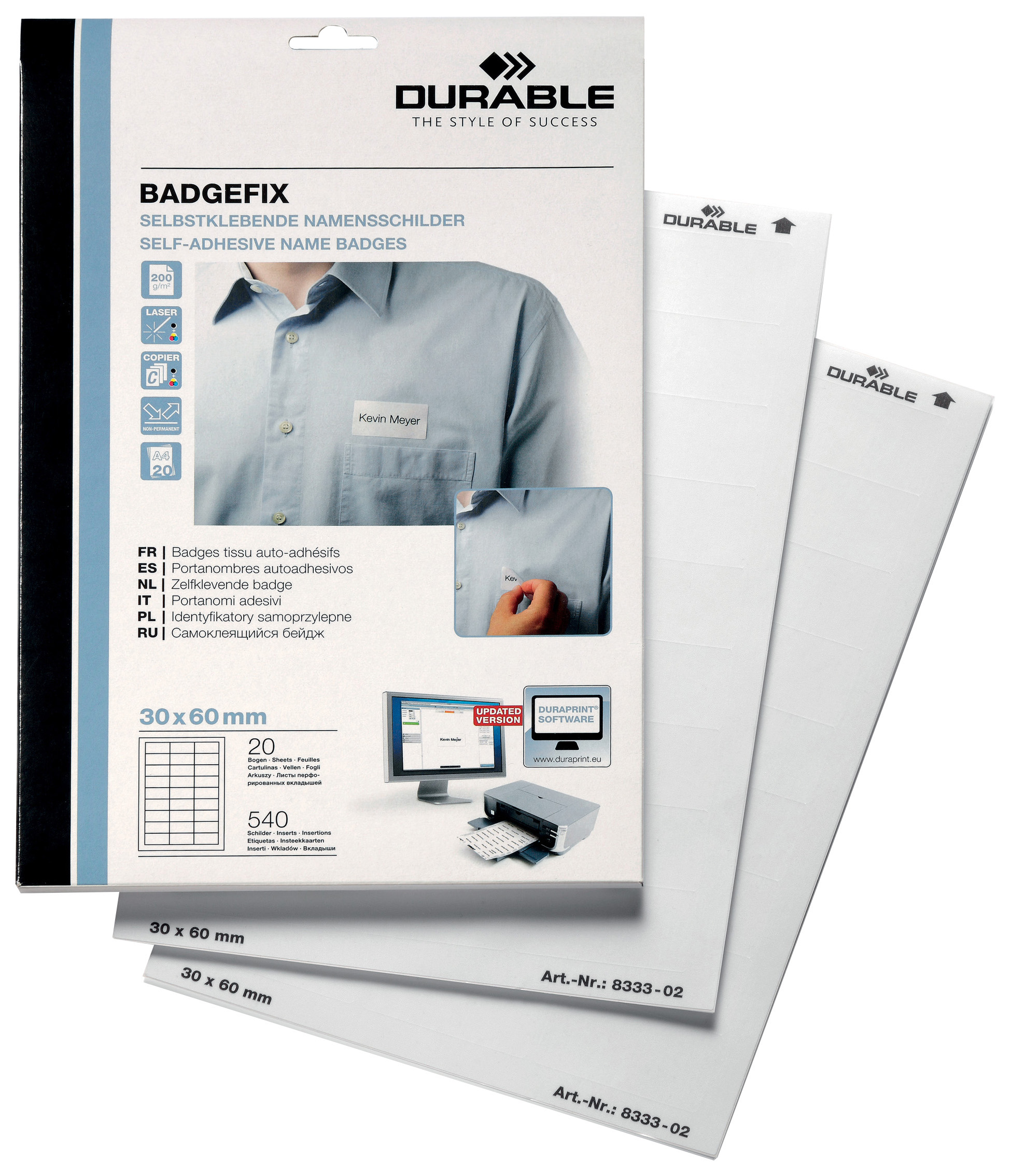 

Бейдж Durable, самоклеящийся, нагрудный, 30 x 60 мм, 27 штук на листе Белый