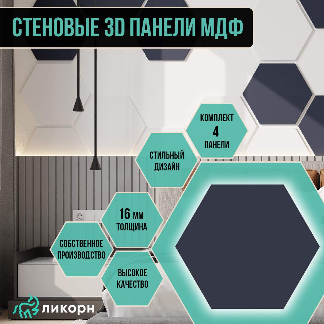 Стеновая панель Ликорн шестигранник МДФ 3д, 40,4х46,6 темно-синий, 4 шт