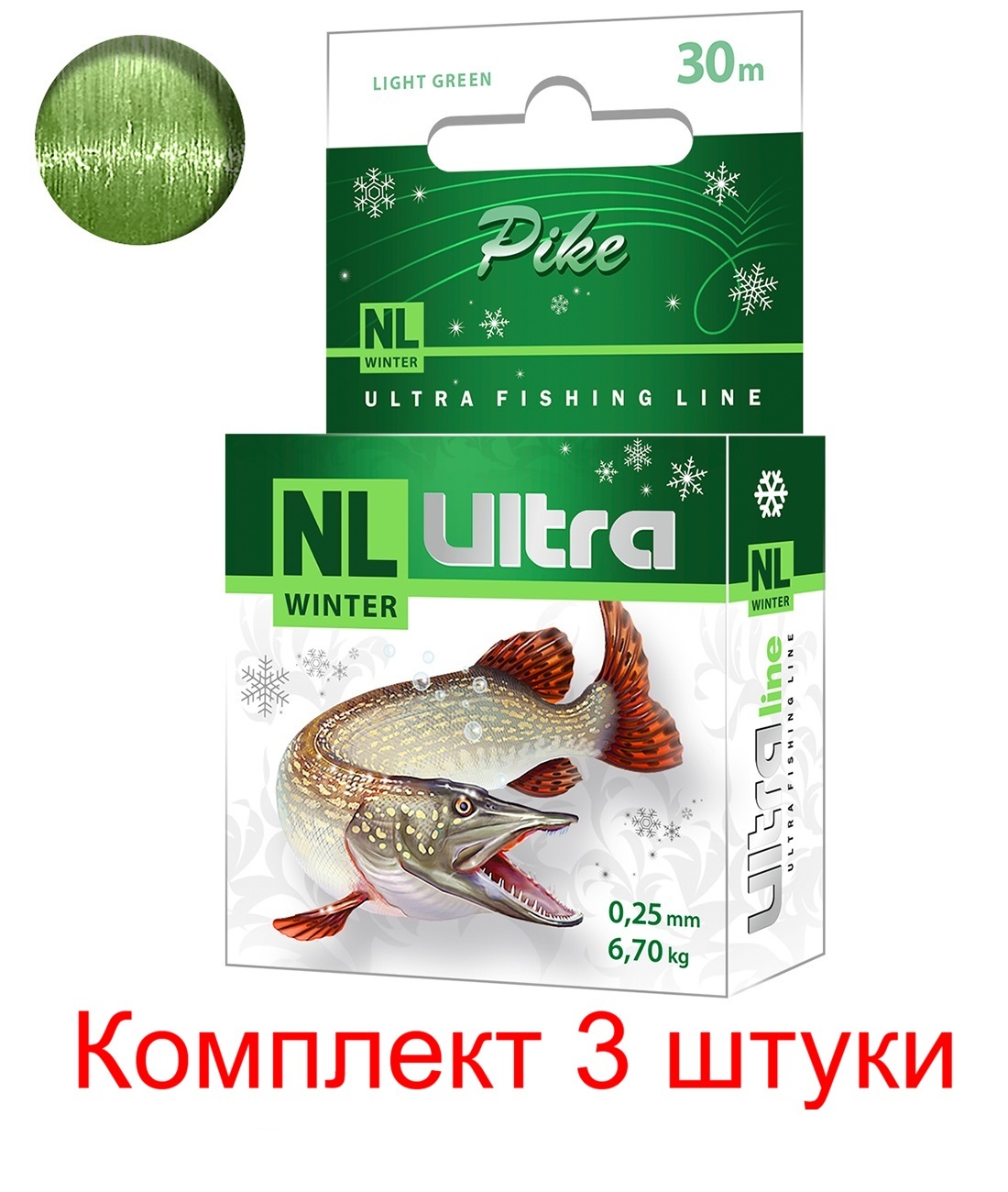 фото Леска зимняя aqua nl ultra pike (щука) 30m 0,25mm, зеленый, test - 6,70kg 3 шт.