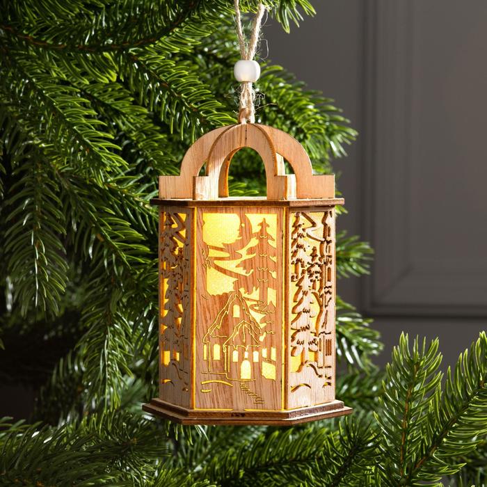 фото Елочная игрушка luazon lighting фонарь с домиком свечение теплое белое р00011586 1 шт.