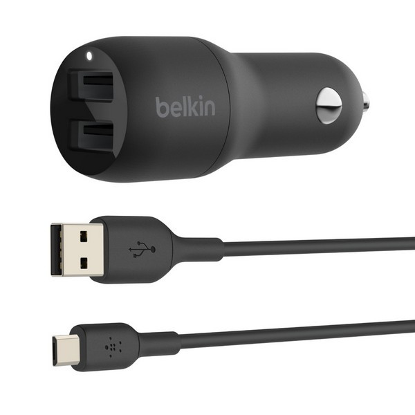 Автомобильное зарядное устройство Belkin 2 USB-A, 24W, кабель USB-A-micro-USB 1m, черный