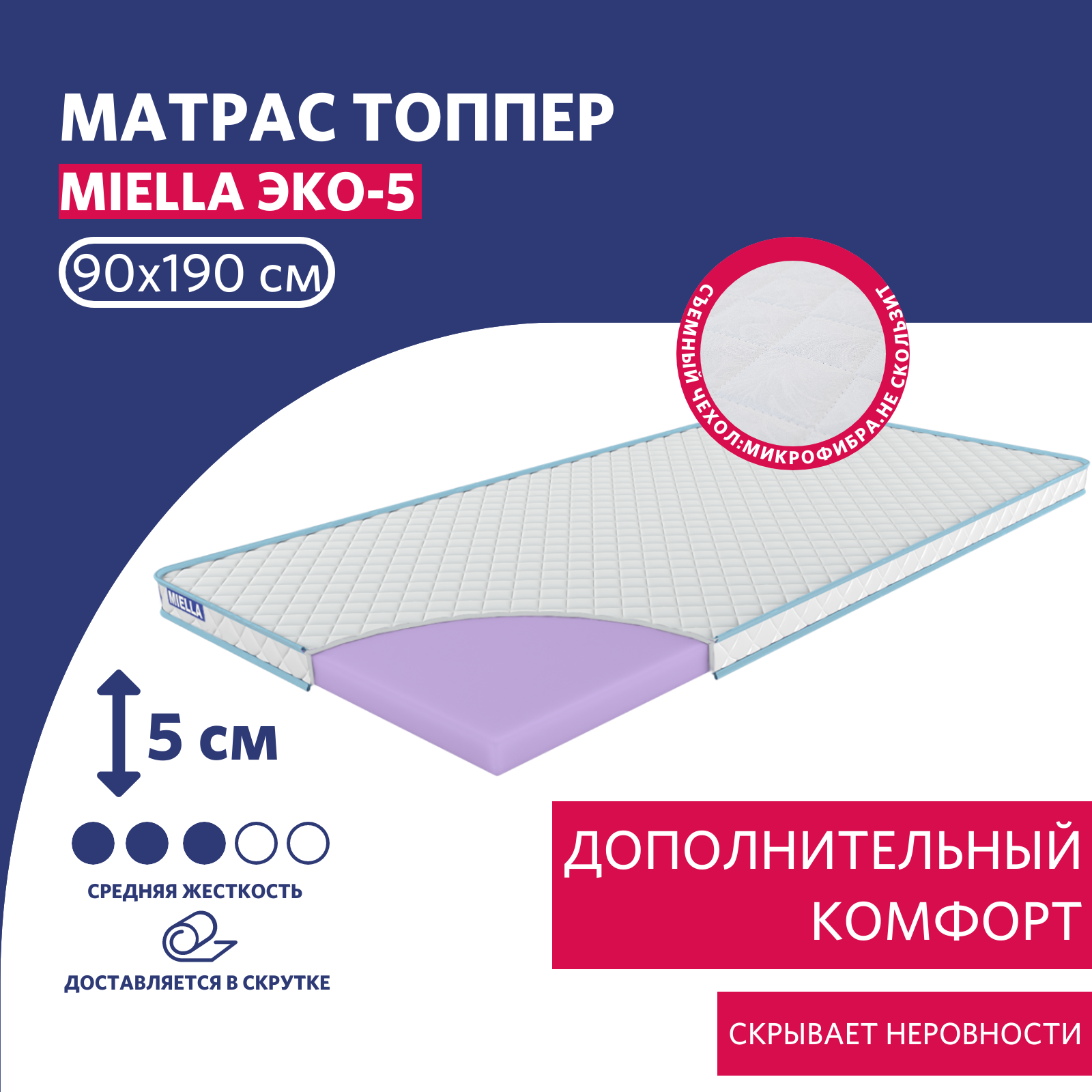 

Топпер, тонкий матрас ортопедический для кровати и дивана MIELLA Эко-5 90х190 см, Белый, Эко-5