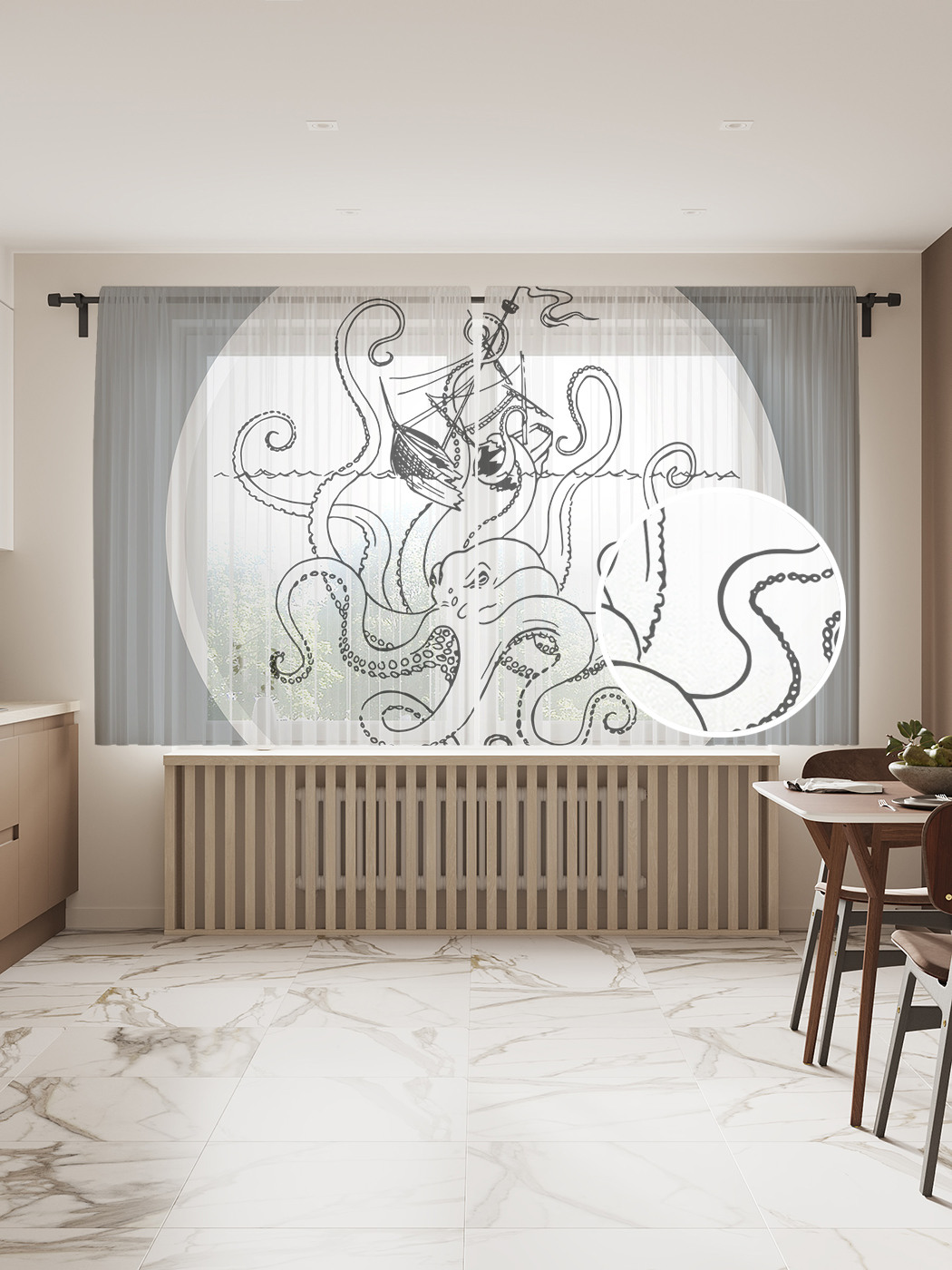 

Фототюль "Борьба осьминога", 145x180 см (2 полотна со шторной лентой + 50 крючков), Борьба осьминога