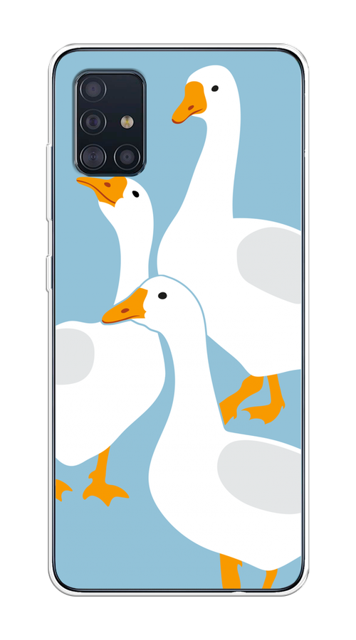 

Чехол на Samsung Galaxy A51 "Гусиное трио", Голубой;белый;серый;желтый, 28950-1
