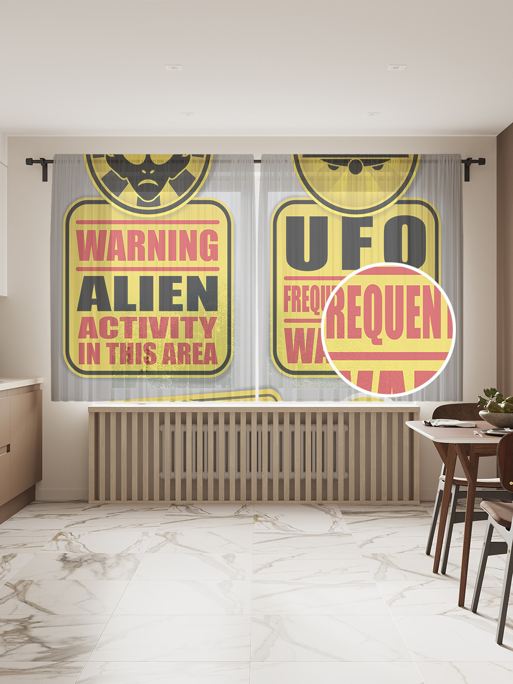 

Фототюль "Инопланетное предупреждение", 145x180см (2 полотна с лентой + 50 крючков), Инопланетное предупреждение