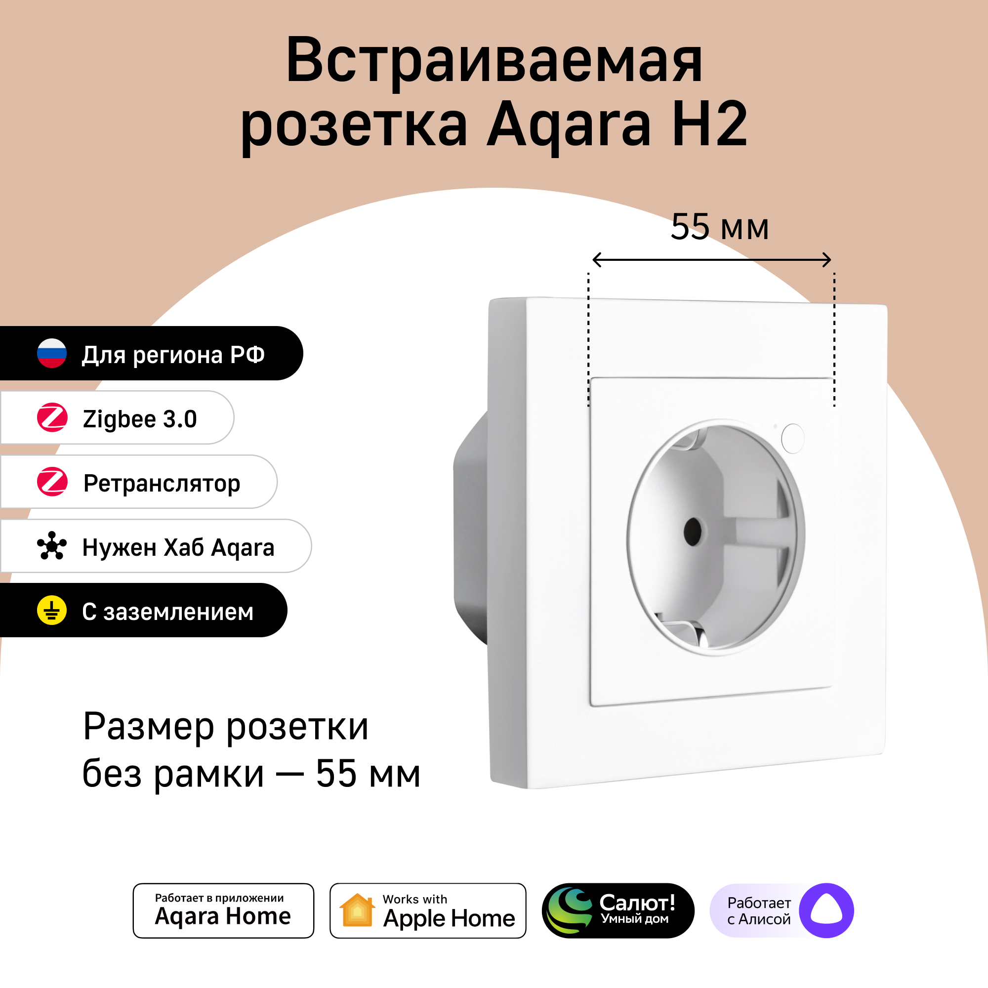 Умная встраиваемая розетка Aqara Wall Outlet H2 EU модель WP-P01D Zigbee 6899₽