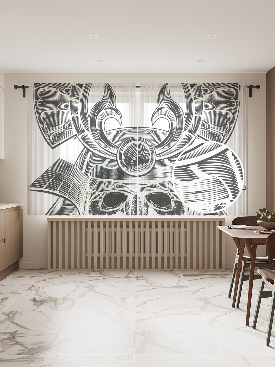 фото Фототюль "маска самурая", 145x180 см (2 полотна со шторной лентой + 50 крючков) joyarty