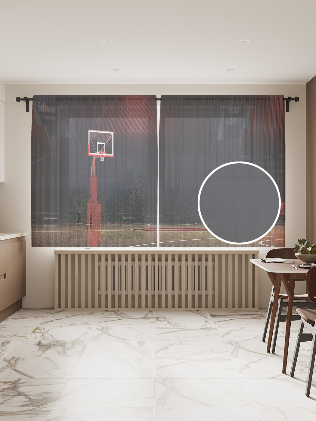 

Фототюль "Пустой баскетбольный зал", 145x180 см (2 полотна со шторной лентой + 50 крючков), Пустой баскетбольный зал