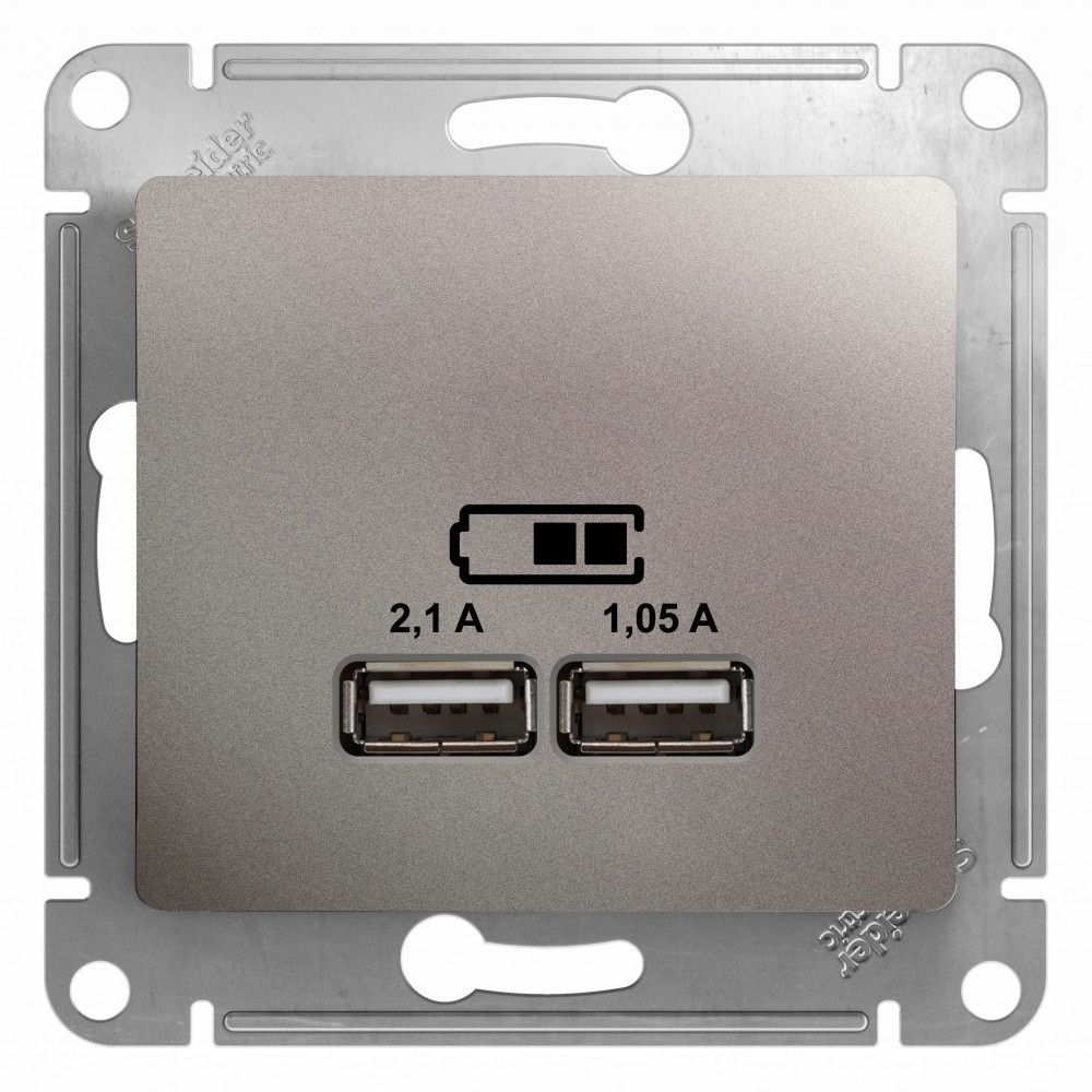 

Розетка USB 2-м СП Glossa тип A+A 5В/2100мА 2х5В/1050мА механизм, платина, Серый, GLOSSA21