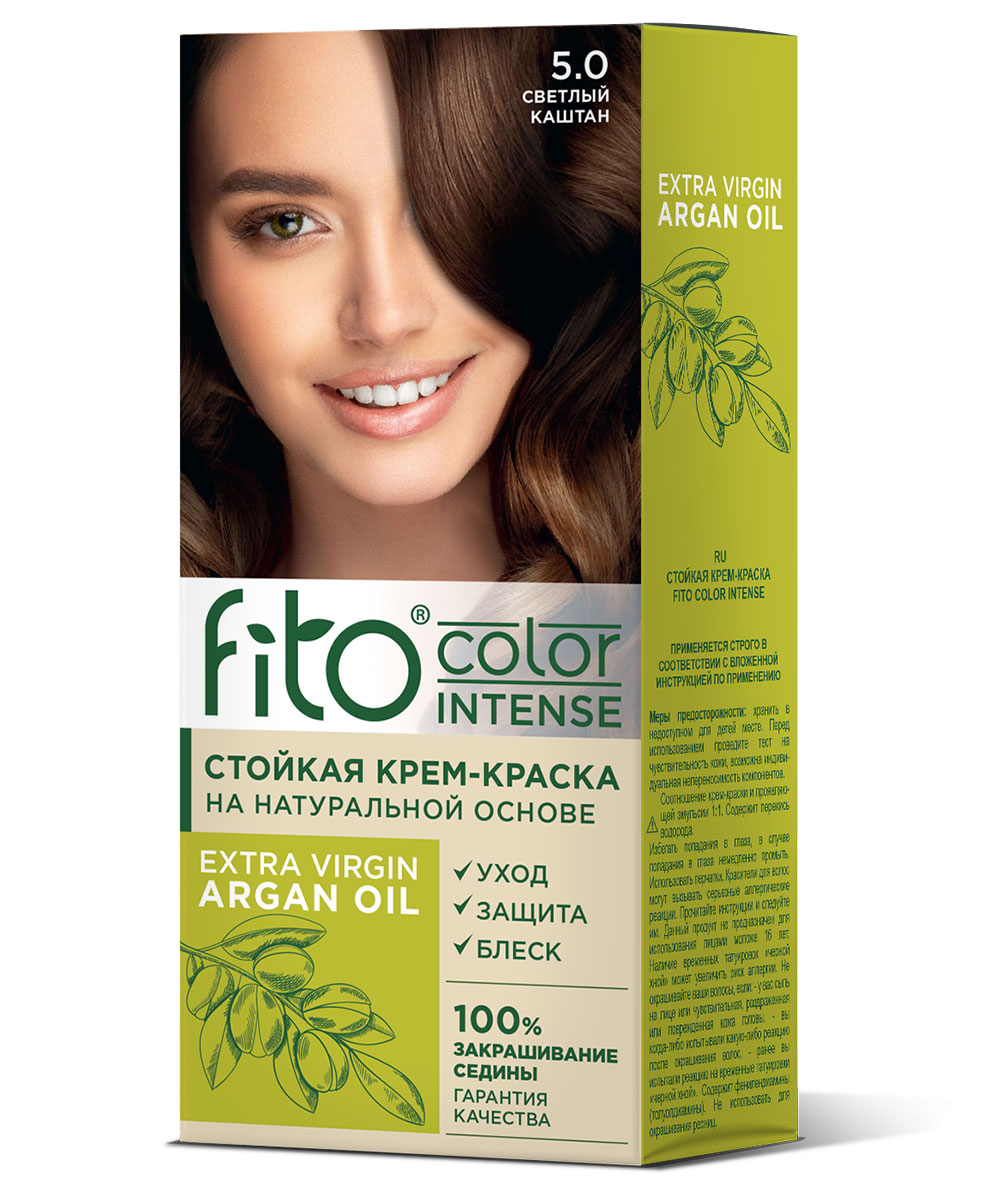 

Крем-краска для волос Fito Color Intense аргана, стойкая, тон 5.0 Светлый каштан 115 мл, Коричневый
