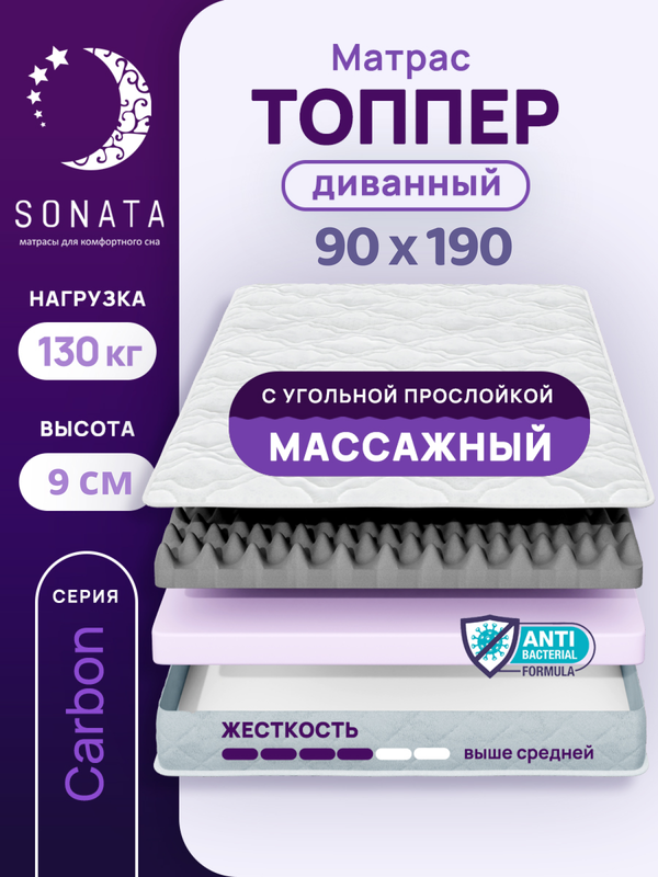 

Топпер-матрас беспружинный Sonata 90х190 см с массажным эффектом, Белый, массажный с углём