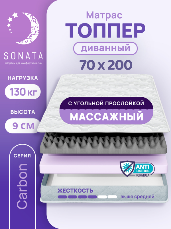 

Топпер-матрас беспружинный Sonata 70х200 см с массажным эффектом, Белый, массажный с углём