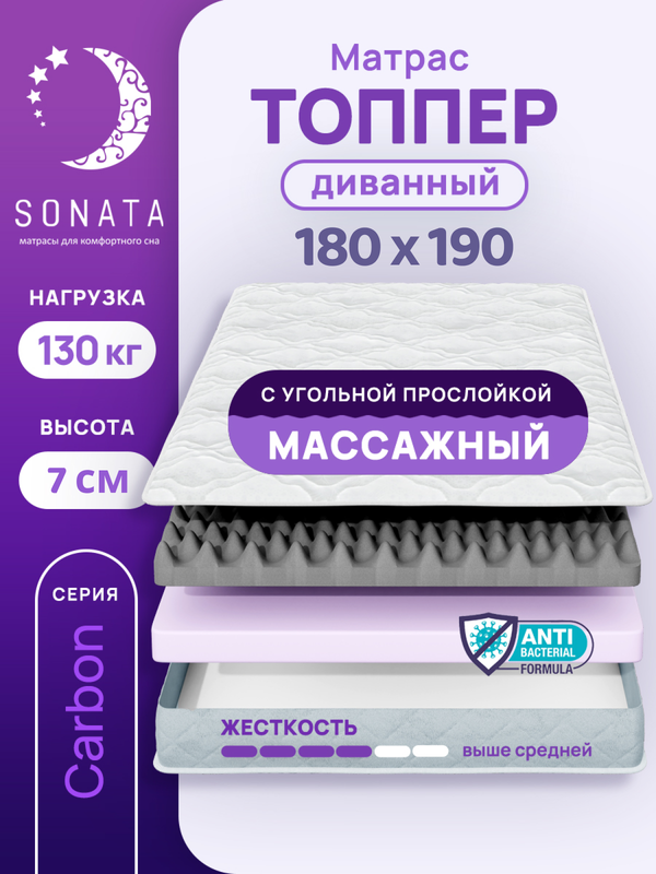 

Топпер-матрас беспружинный Sonata 180х190 см с массажным эффектом, Белый, массажный с углём