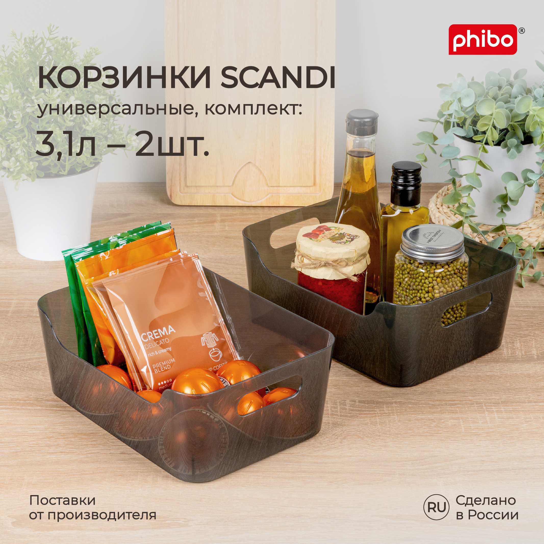 Комплект корзинок универсальных Phibo Scandi 3,1 л, 2 шт, 24x17x9 см, черный