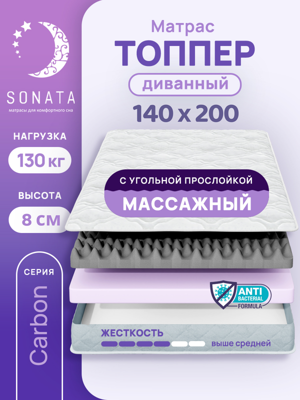 

Топпер-матрас беспружинный Sonata 140х200 см с массажным эффектом, Белый, массажный с углём
