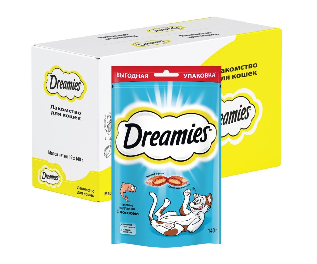 

Лакомство для кошек Dreamies, подушечки с лососем, 12х140 гр